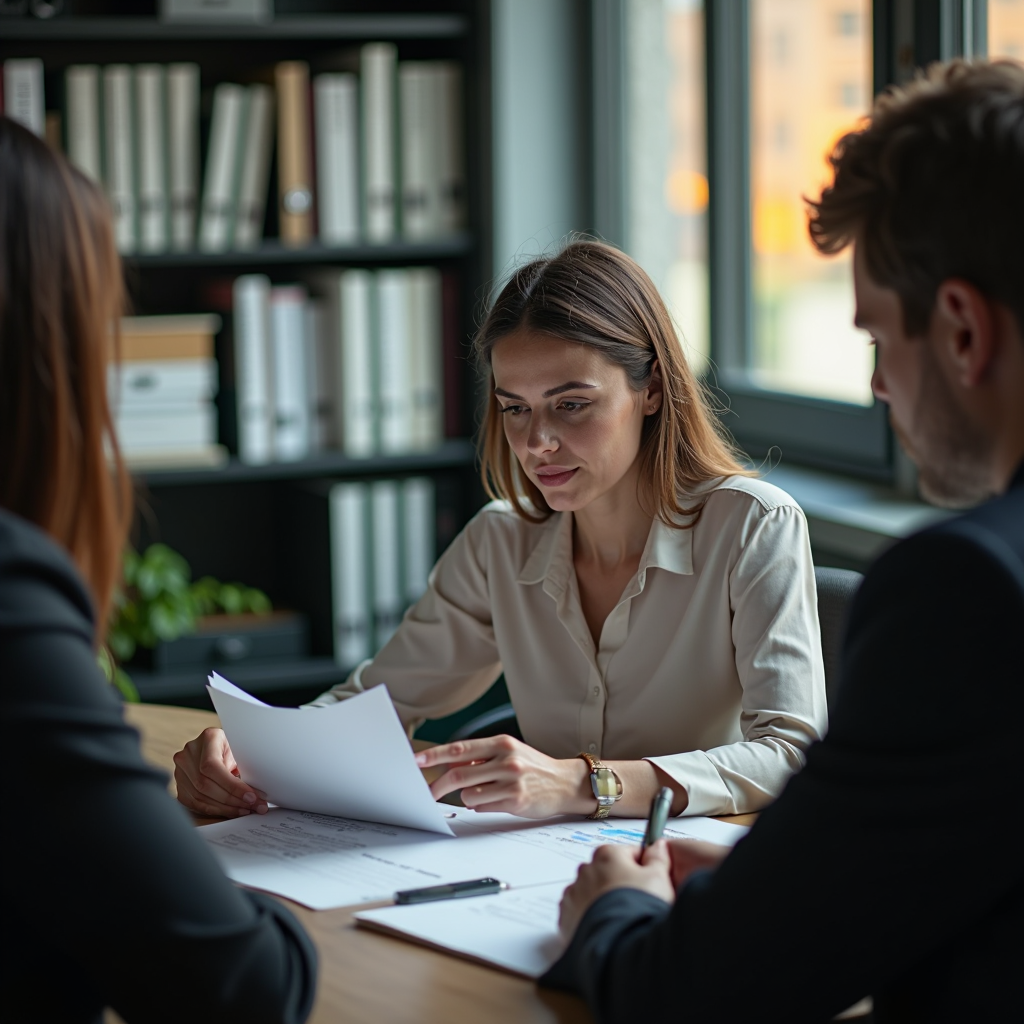 Personas en una reunión de trabajo revisan documentos, sentadas en una oficina con estanterías de fondo.
