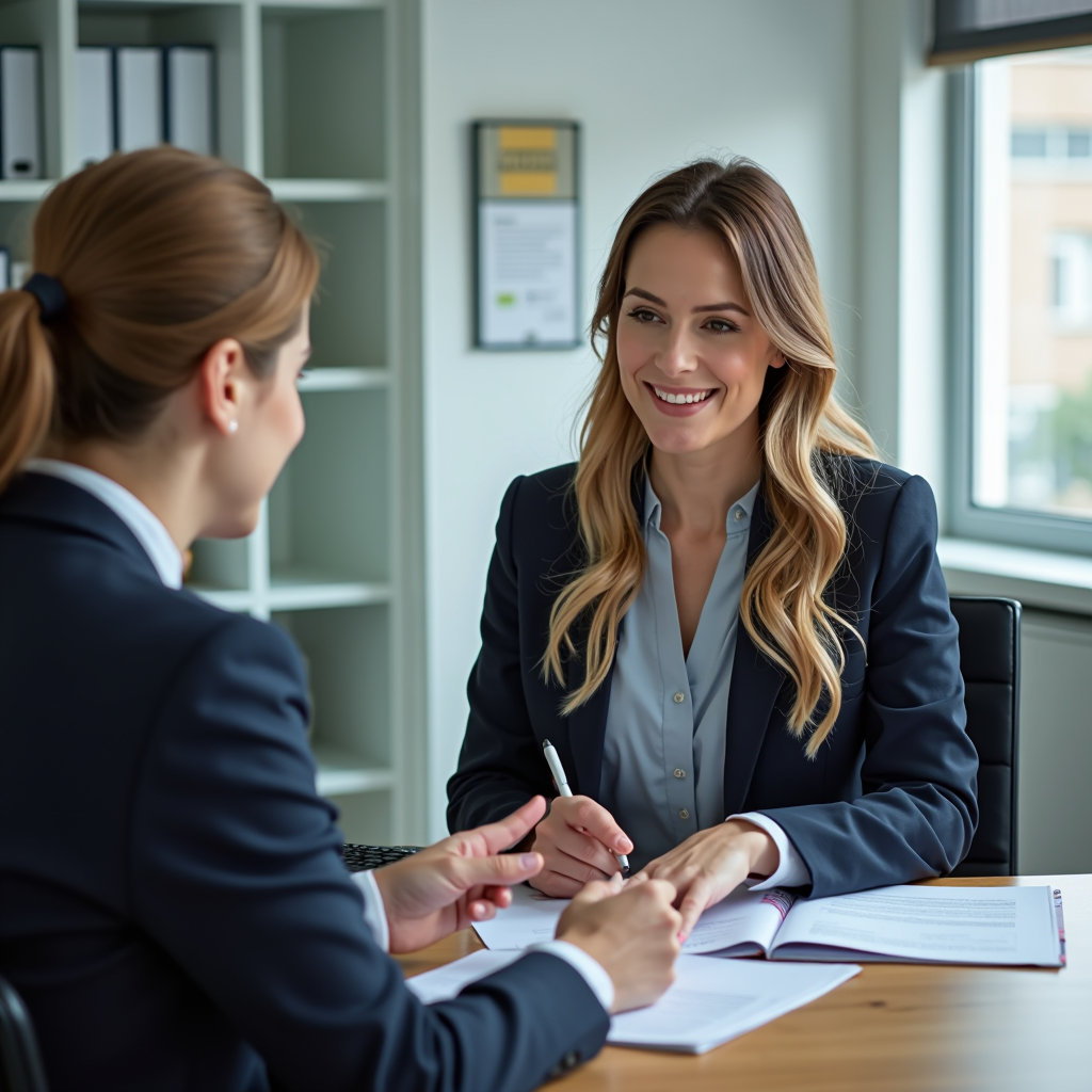 Dos mujeres profesionales en una reunión o entrevista en una oficina, conversando y sonriendo, con documentos sobre la mesa.