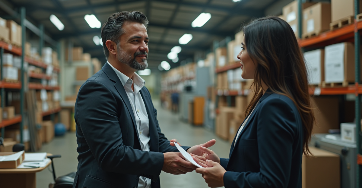 Dos personas en trajes formales conversan en un almacén lleno de cajas y estantes metálicos.