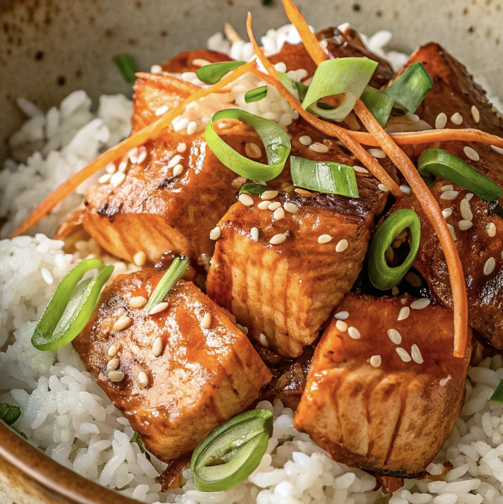 Close-up of a bowl of rice topped with grilled salmon, chopped green onions, shredded carrots, sesame seeds, and a savory sauce.