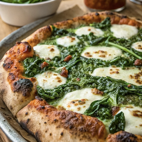 Close-up of a pizza with melted cheese, spinach, and toppings, served on a plate.
