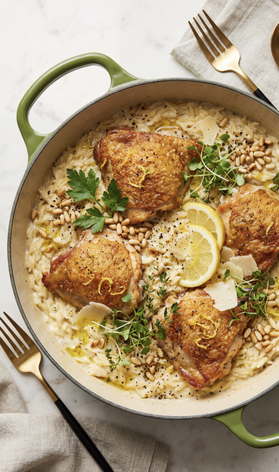 Creamy Lemon Orzo with Chicken Thighs 