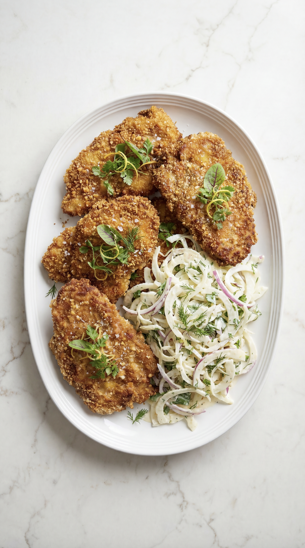 Walnut Breaded Crispy Chicken with Creamy Fennel Slaw