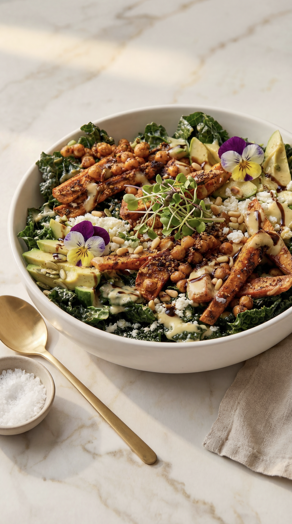 Sweet Potato Kale Salad with Avocado, Roasted Chickpeas and Feta