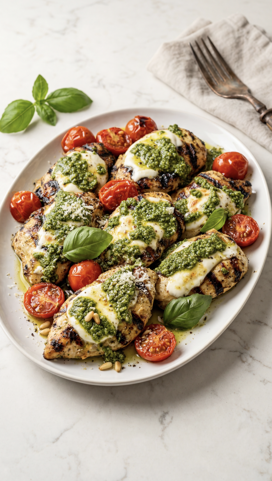 Grilled Chicken with Mozzarella, Cherry Tomatoes &amp; Pesto