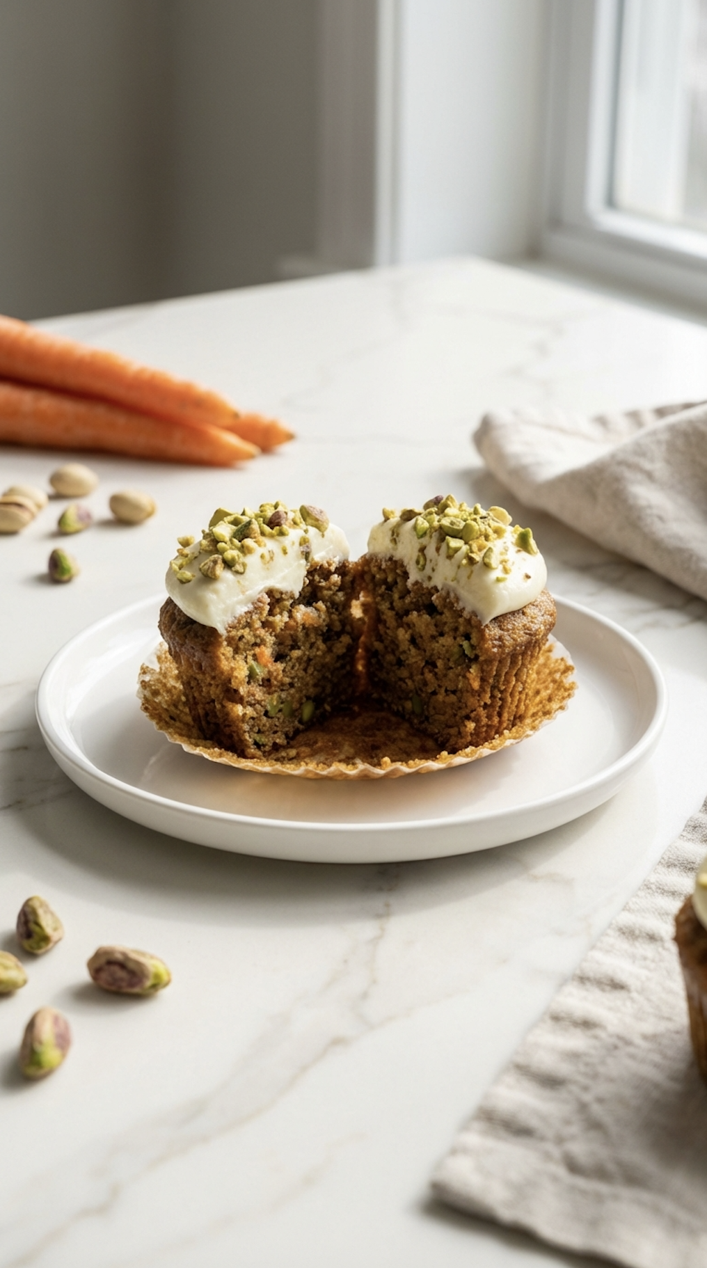 Pistachio Carrot Cake Muffins with Cream Cheese Icing