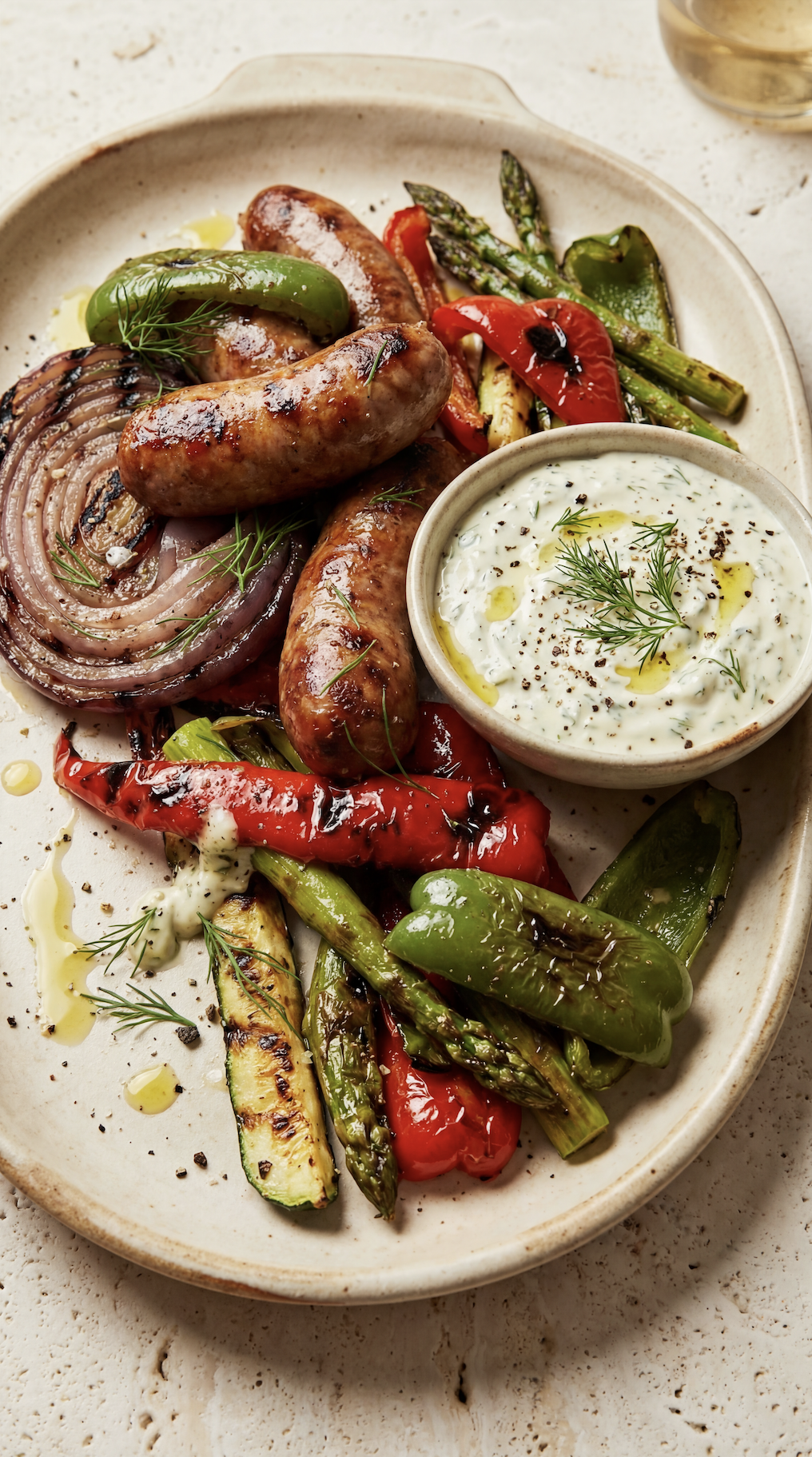 Grilled Sausage &amp; Vegetables with Creamy Dill Dip