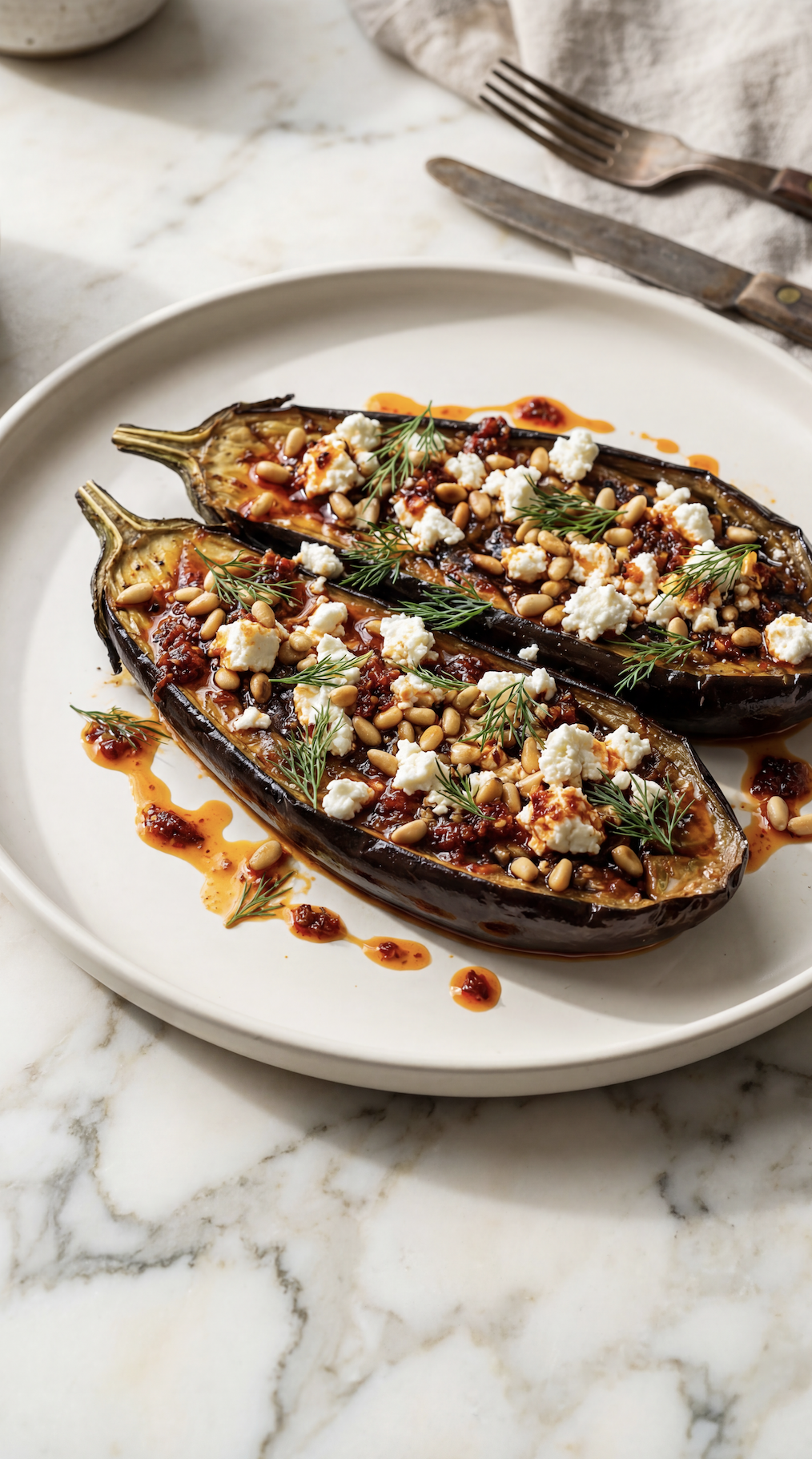 Blackened Eggplant with Feta, Harissa Oil &amp; Pine Nuts