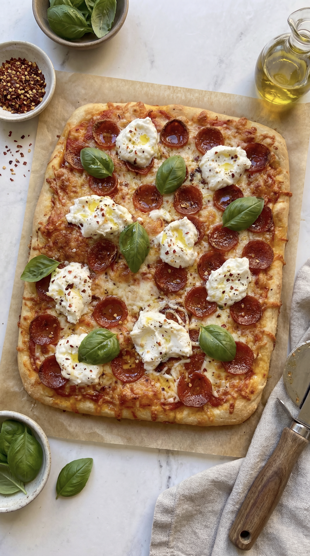 Focaccia Pizza with Pepperoni &amp; Burrata