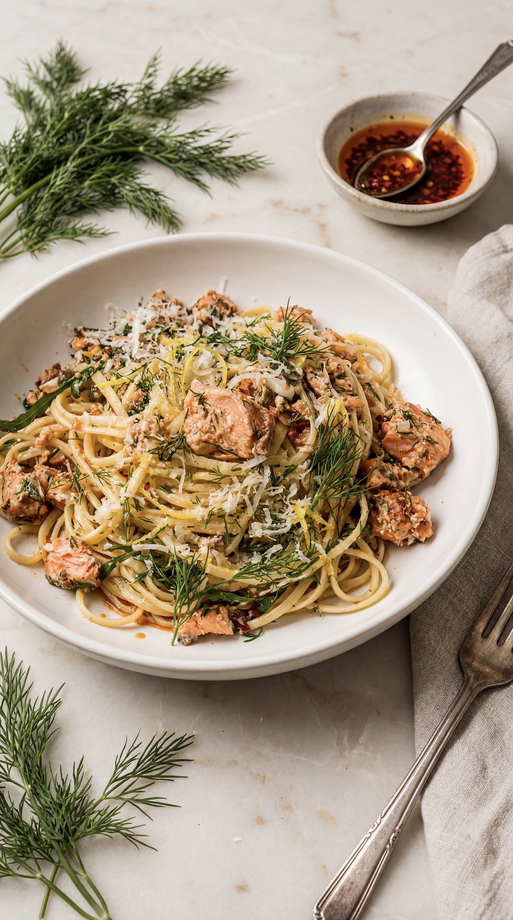 Salmon Linguine with Lemon &amp; Chili Oil