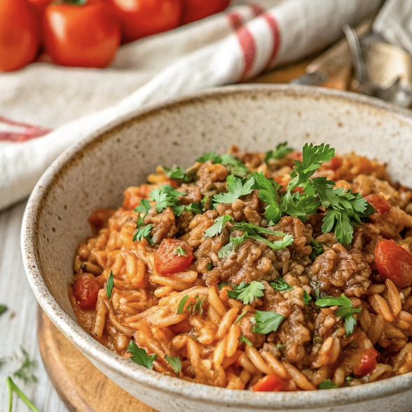 Bowl of cooked pasta with ground beef, tomatoes, and fresh cilantro garnish, served on a wooden surface with tomatoes in the background.