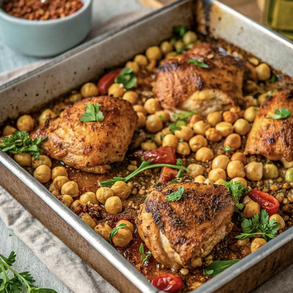 Baked chicken thighs with chickpeas, cherry tomatoes, and fresh herbs in a roasting pan.
