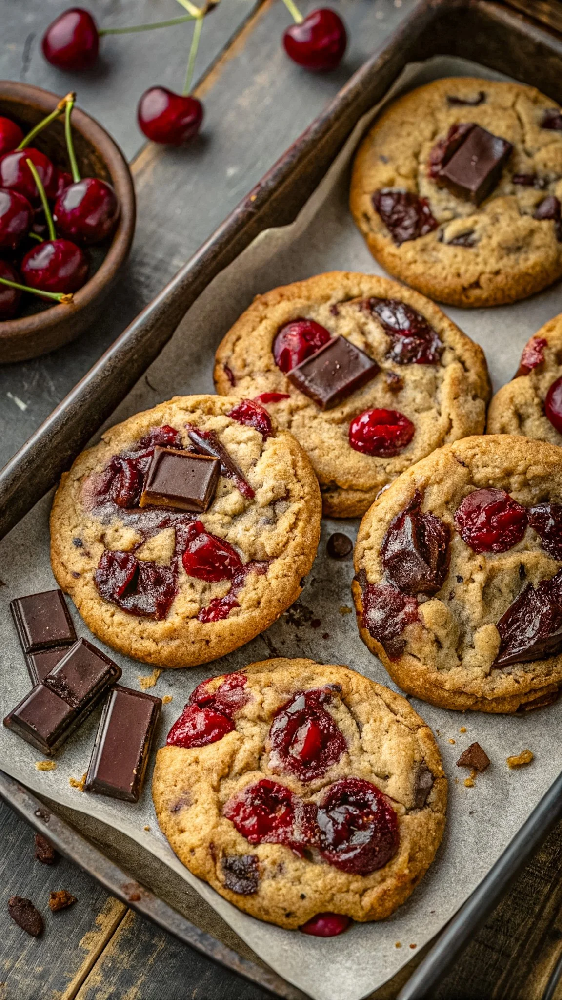 Chocolate chip cherry cookies on a baking sheet with some chocolate pieces and fresh cherries in a bowl nearby.