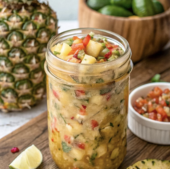Mason jar filled with pineapple salsa, with a pineapple, cucumber, and tomato in the background and a bowl of salsa nearby.