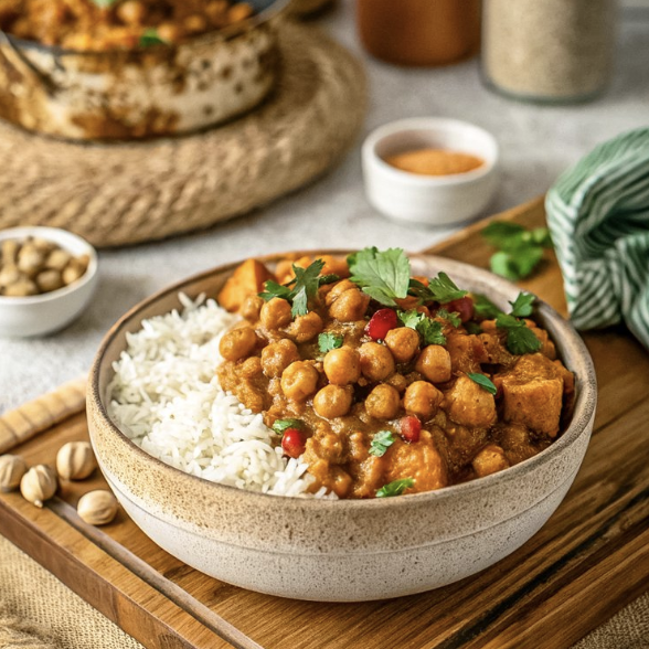 A bowl of chickpea curry served with white rice, garnished with cilantro, on a wooden tray with small bowls of sauces and side dishes around it.