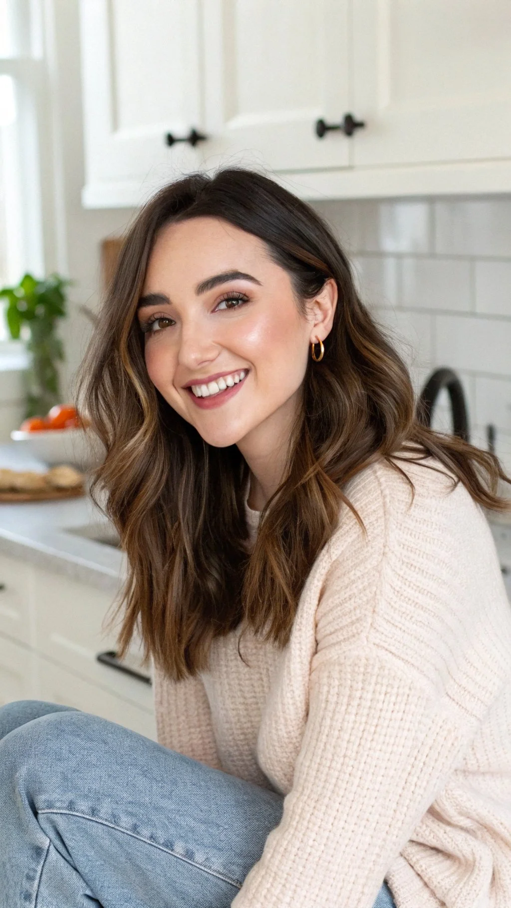 A smiling woman with shoulder-length brown hair, wearing a cream sweater, sitting in a kitchen with white cabinets and a bowl of oranges in the background.
