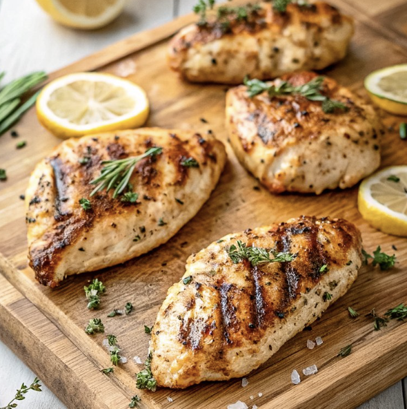 Grilled chicken breasts garnished with herbs on a wooden cutting board, with lemon slices and chopped herbs around.