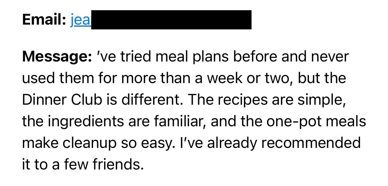 Screenshot of an email containing a message about meal plans and recipes, with parts of the text redacted.