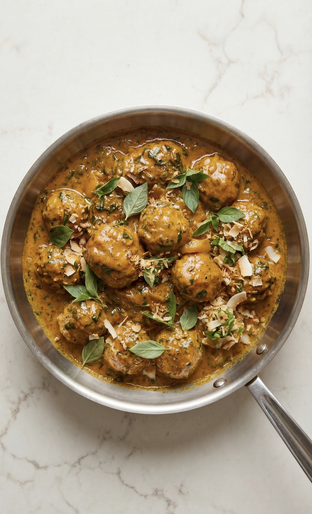 A stainless steel skillet filled with meatballs in a creamy, spicy sauce garnished with basil leaves and chopped nuts.