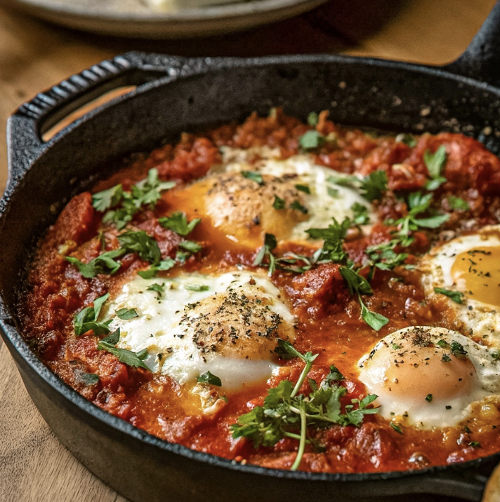 Skillet baked eggs in tomato sauce with herbs