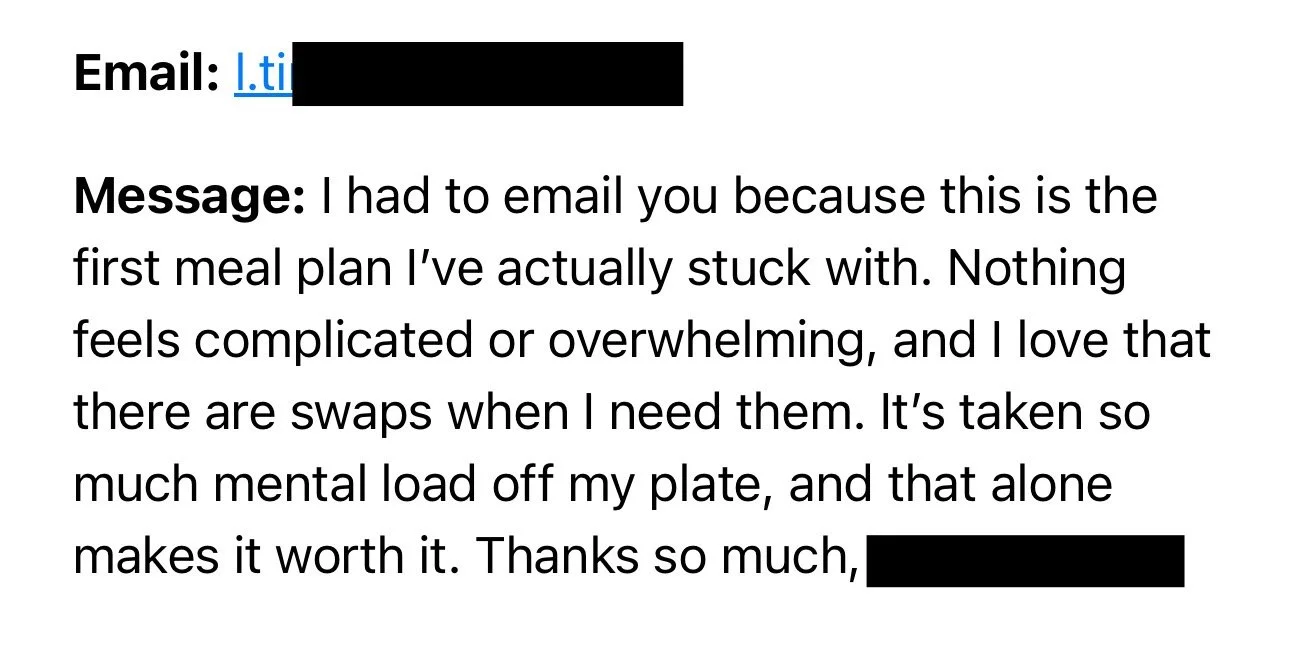 Screenshot of an email message showing the recipient's email address and a message about meal planning and appreciation.