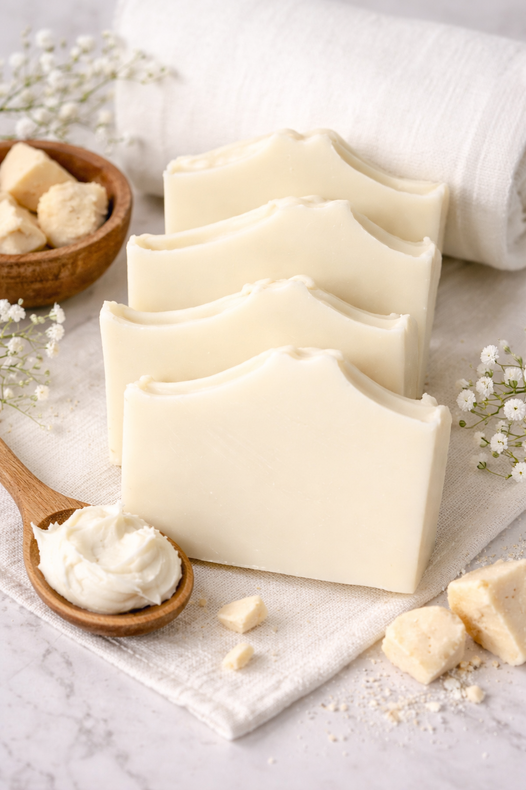 Bars of white chocolate with a wooden spoon of vanilla fudge on a white cloth, with a small bowl of white chocolate pieces, flowers, and chocolate crumbs.
