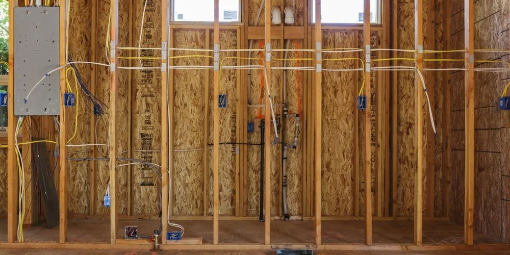 Interior of a house under construction with exposed wooden framing, electrical wiring, and outlets installed.