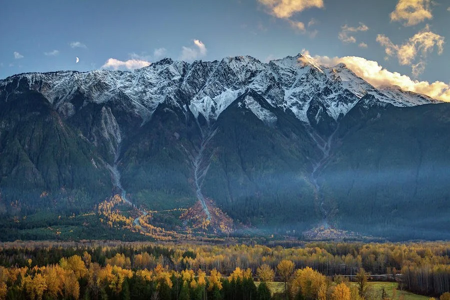 Snow-capped mountains with a forest and autumn trees in the foreground under a partly cloudy sky.