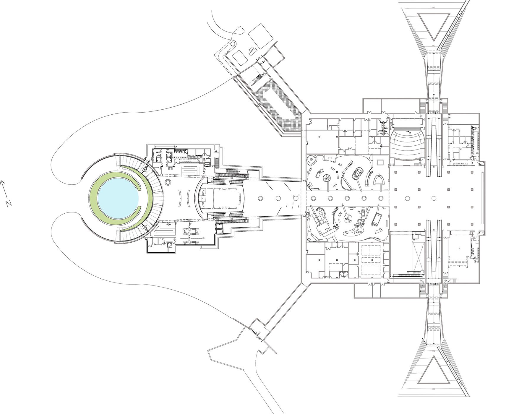 birds eye view drawing of the entry addition, museum, and base of the arch legs