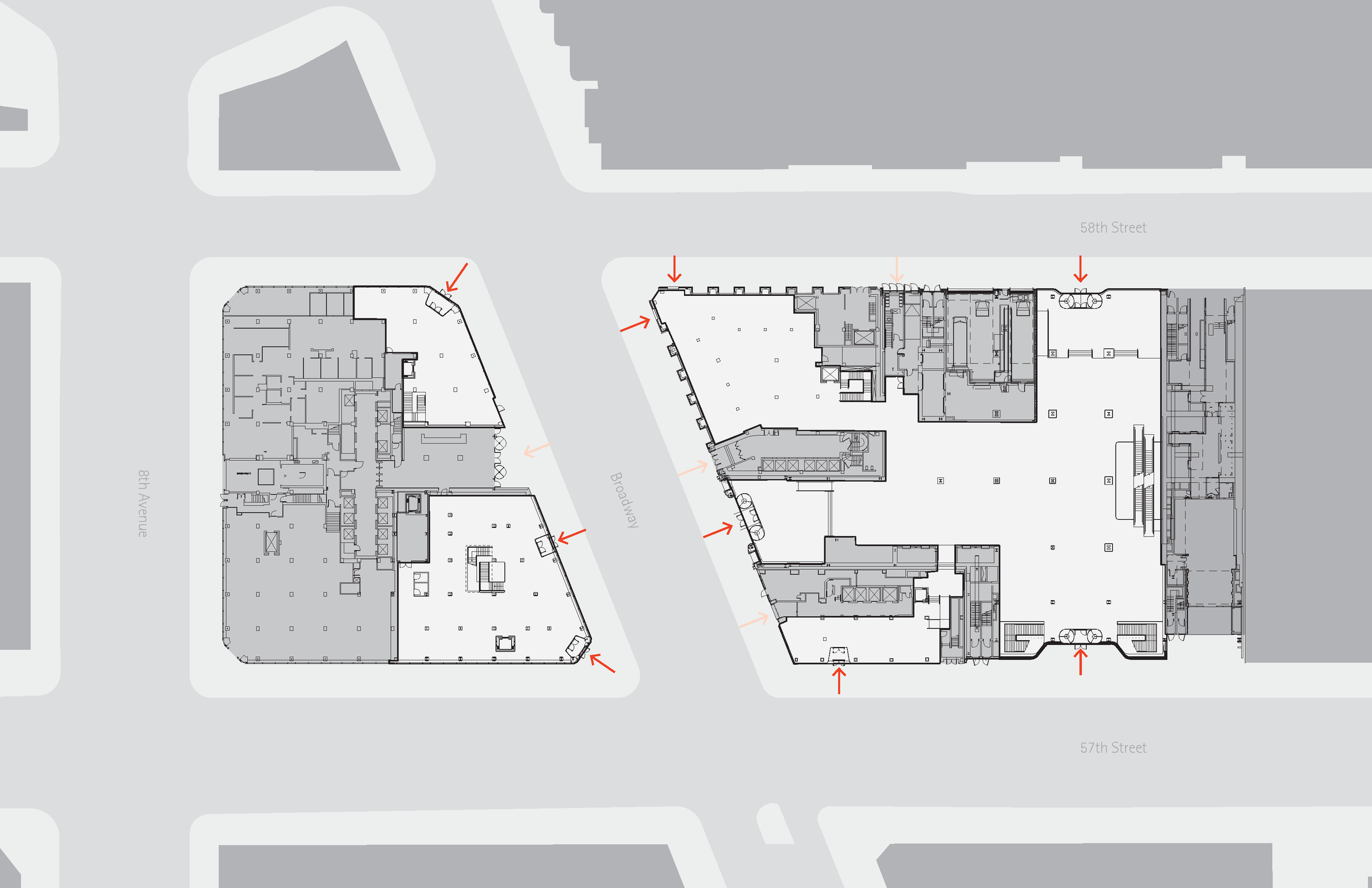 technical drawing birdseye view of overall building layout marking all 9 entrances with red arrows