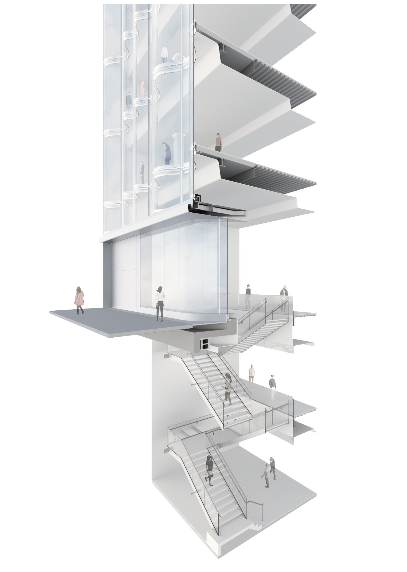 computer generated image of the lower two floors, street level store front, and floors 2 and 3 