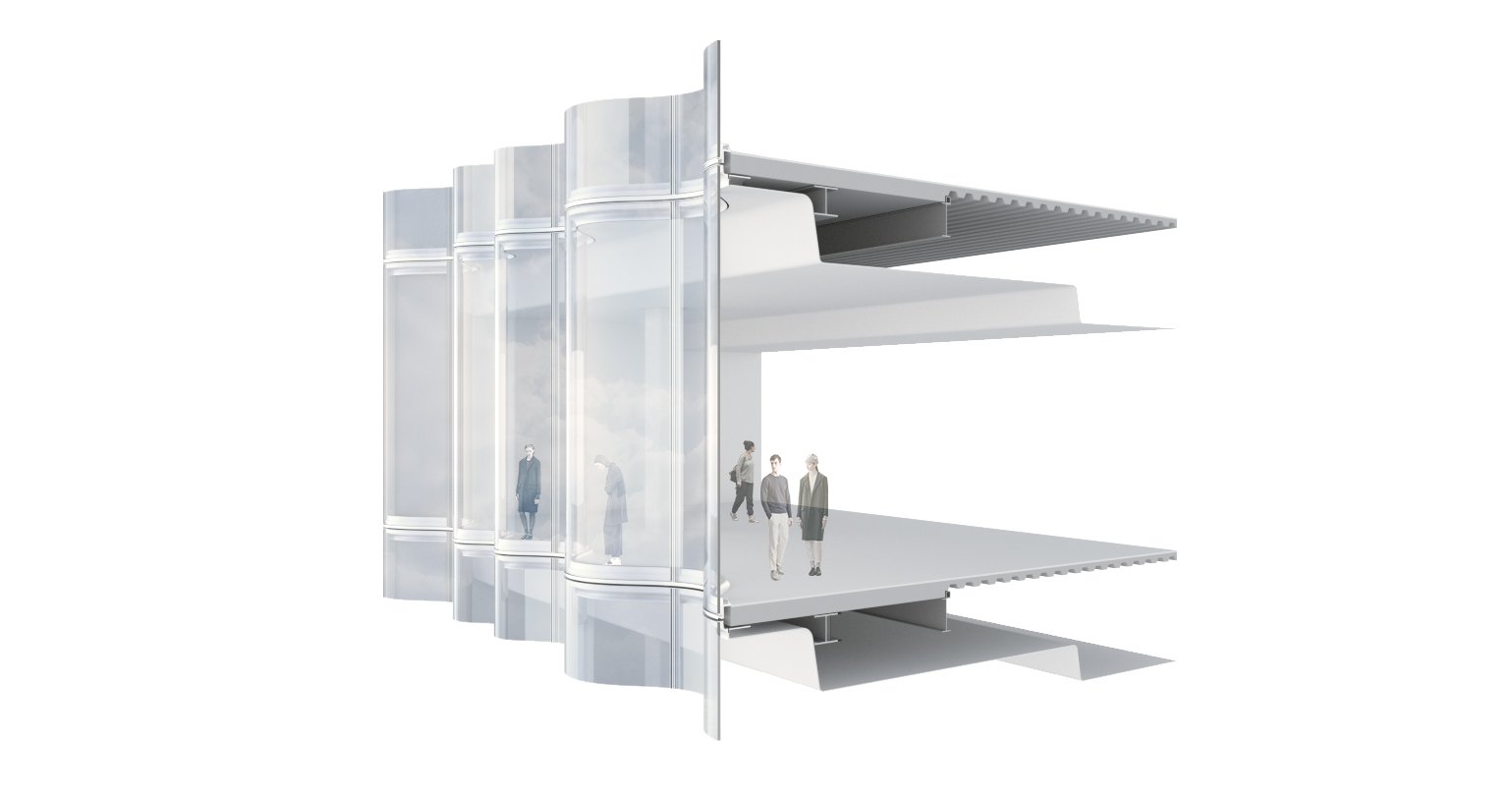 Computer generated image of wave glass panels on each floor 