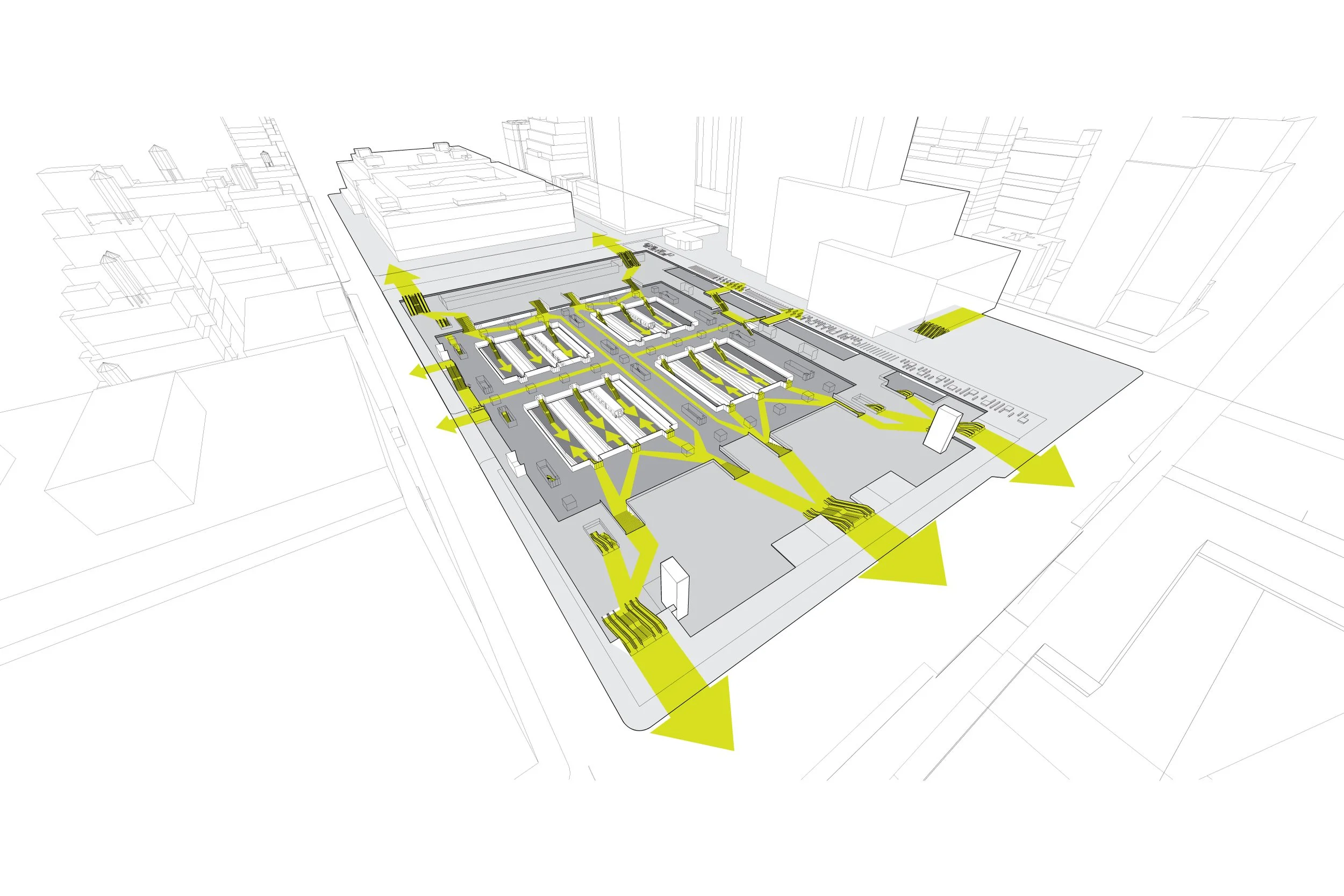 illustration of pedestrian flow from train tracks out into the city