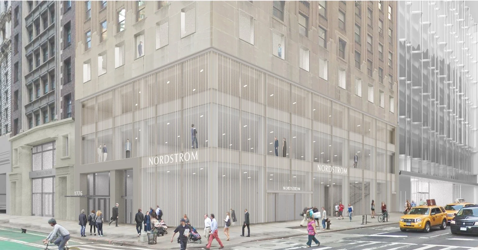 Exterior rendering view of Nordstrom flagship store at Broadway and 57th Street in New York City.