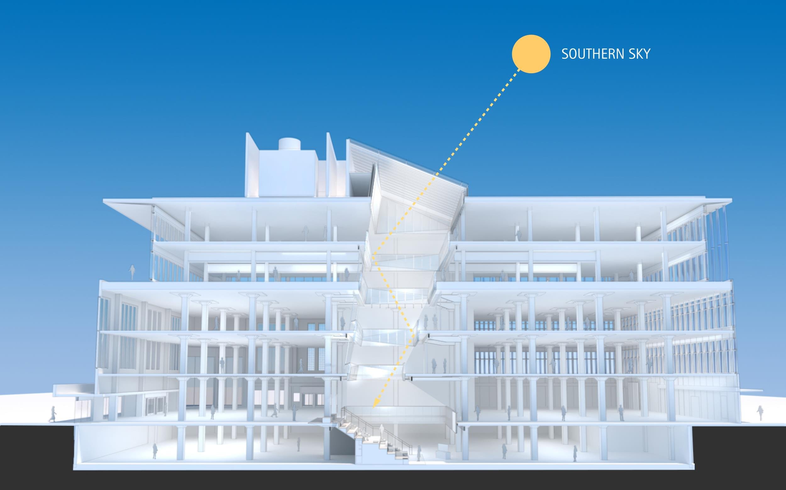 Computer generated cross section of ION innovation hub showing 2 new floors above and a shaft of light going all the way down