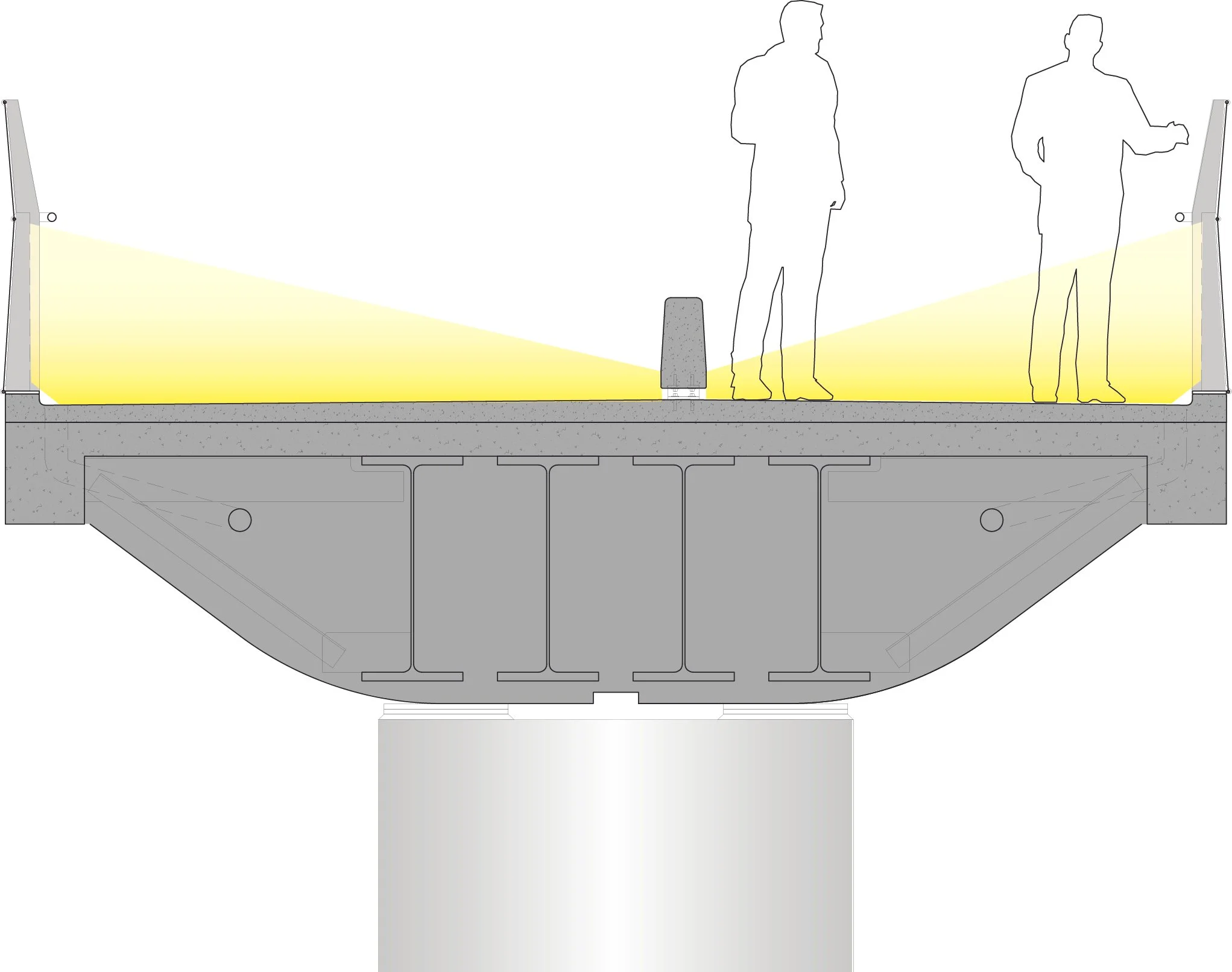 Cross-section architectural drawing of the Washington University Campus Connector with yellow sunlight study.