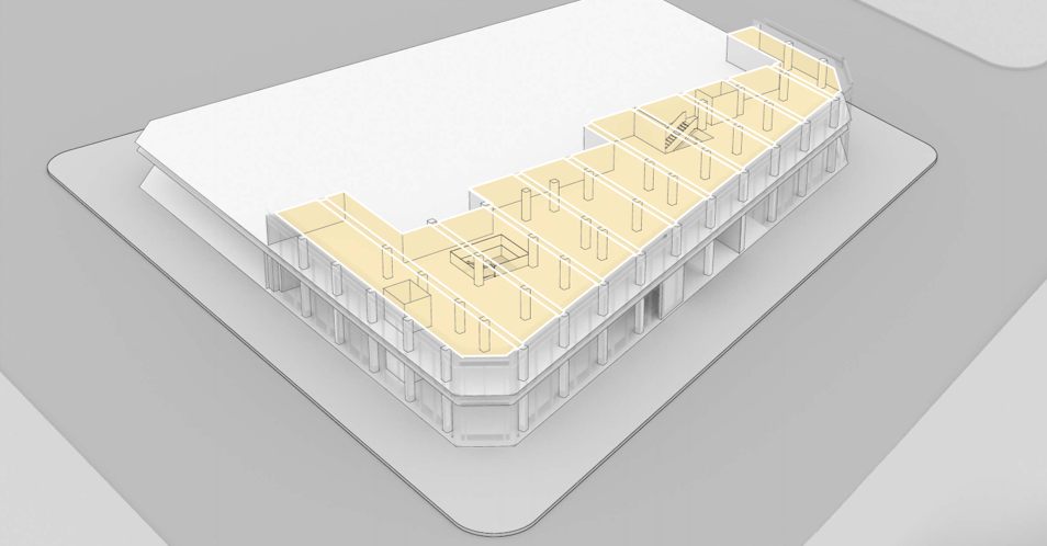 rendering of second floor with illuminated ceiling panels to make the ceiling feel taller
