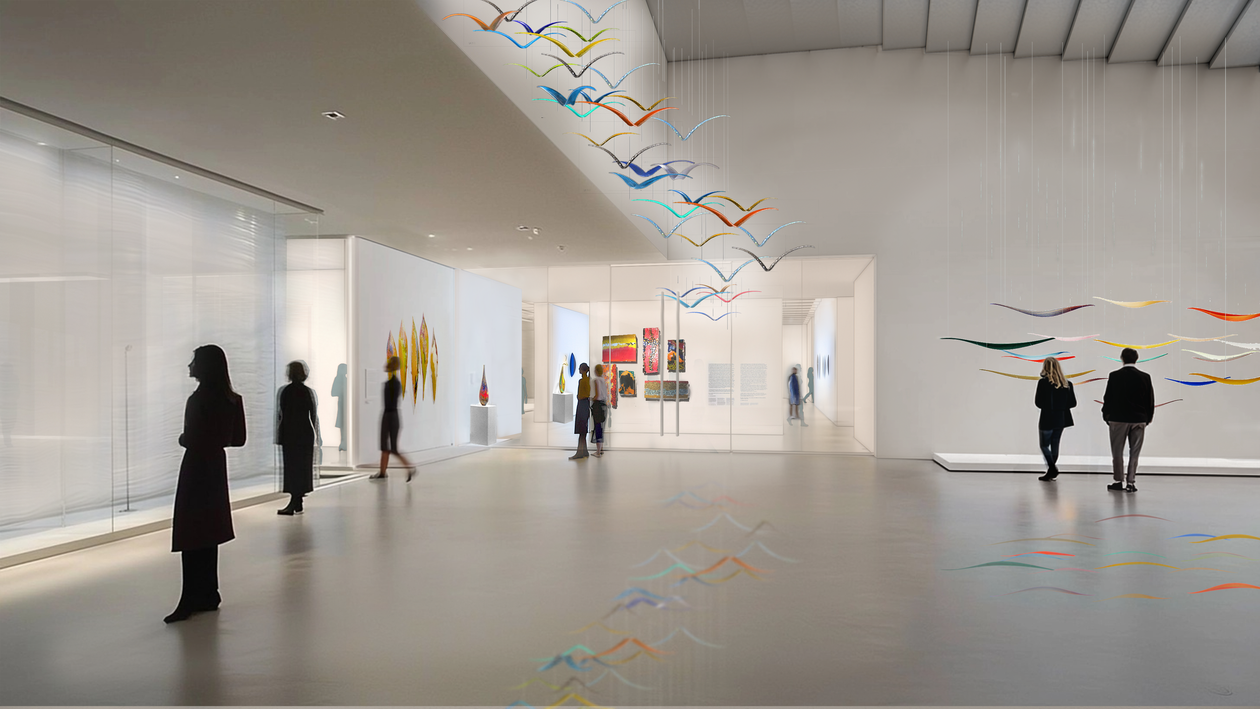 Visitors walking through a bright white contemporary art gallery with colourful hanging installation.