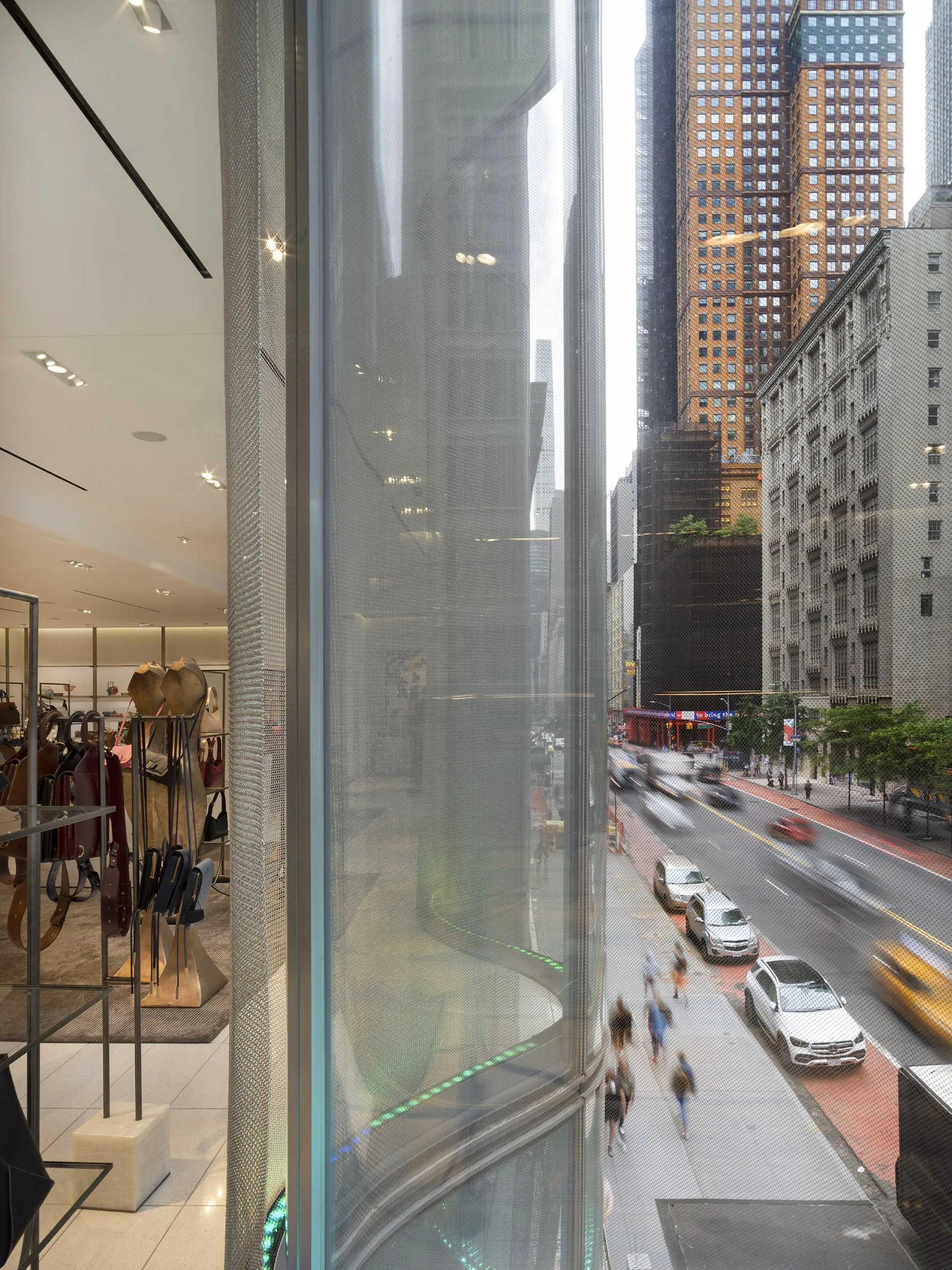 View from standing in the wave facade so you can see the inside of the store and the outside of the street