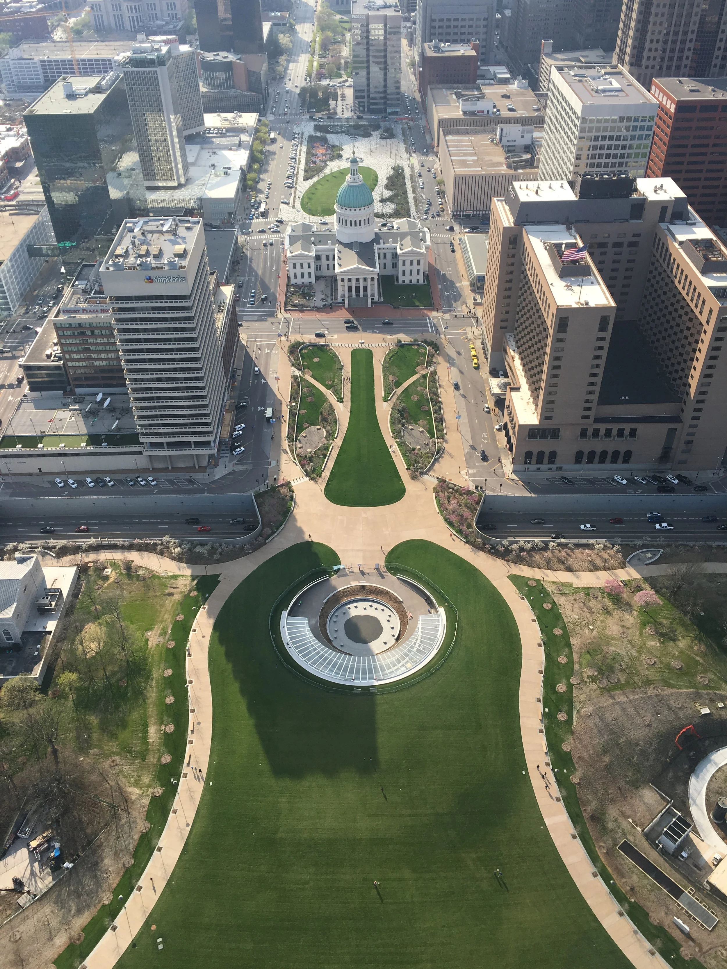 view from the arch of the lawn and museum and courthouse