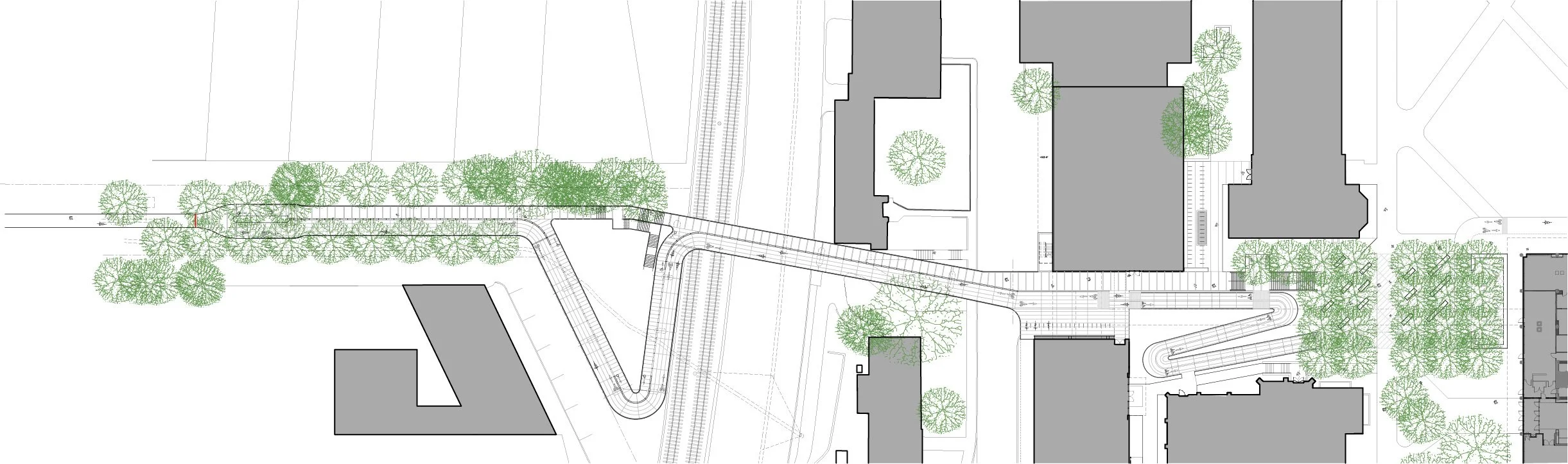 Technical site plan drawing of the Washington University Campus Connector layout and landscaping.