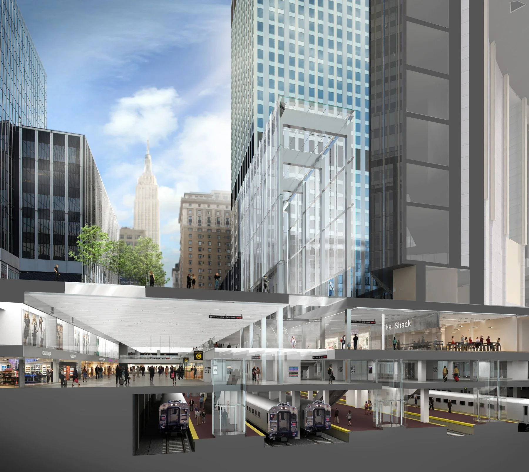 digital rendering that is vertical slice through 33rd street describing the street, 2 level station, and train platforms, looking towards Empire State Building