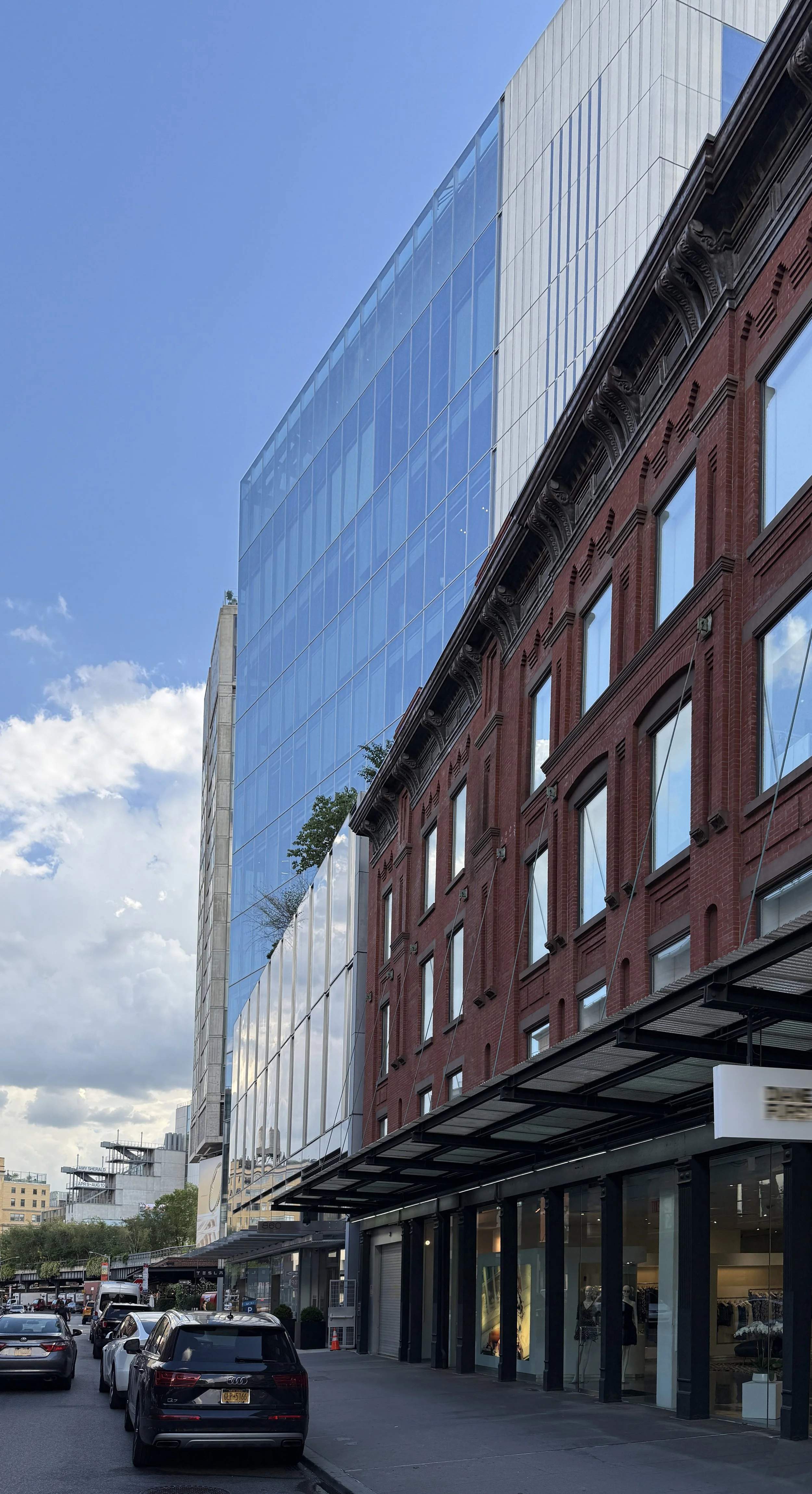 View of historic brick structure along washington street looking toward new mixed use building