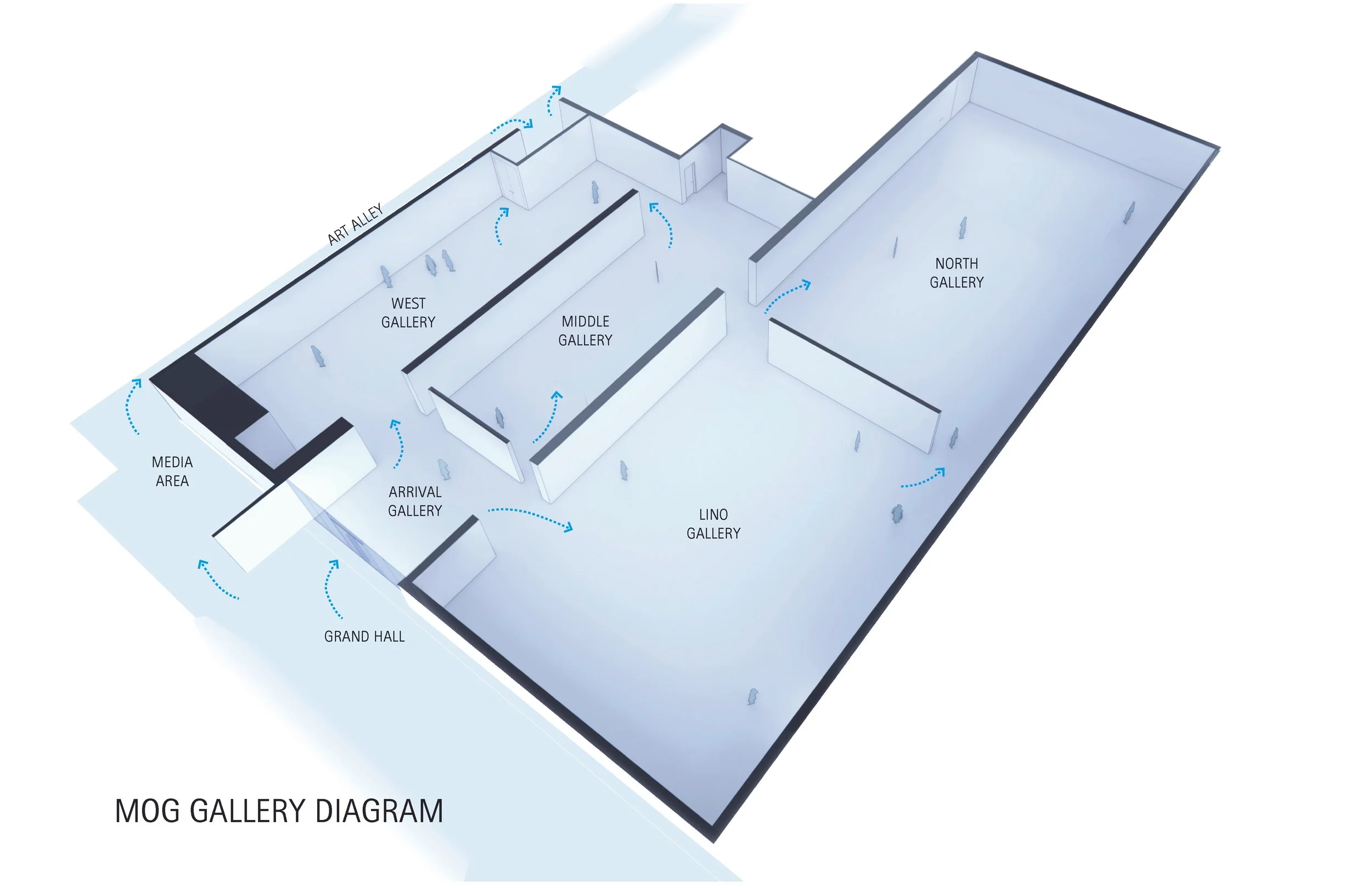 Architectural floor plan diagram of a contemporary art gallery space.