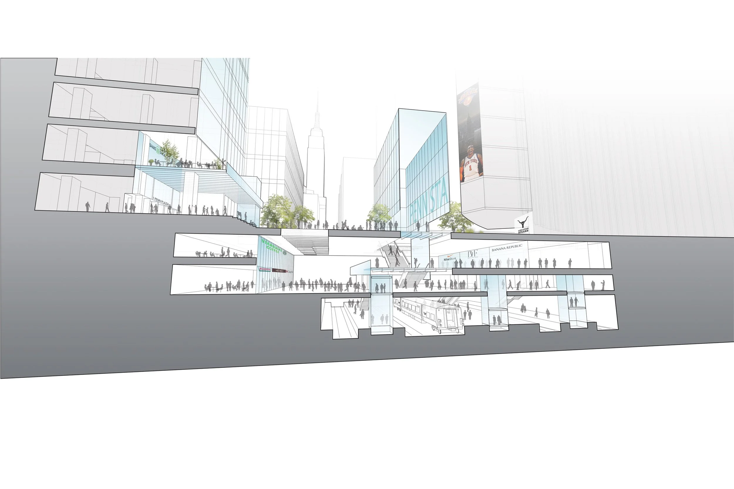 detailed illustration that is vertical slice through 33rd street describing the street, 2 level station, and train platforms, looking towards Empire State Building