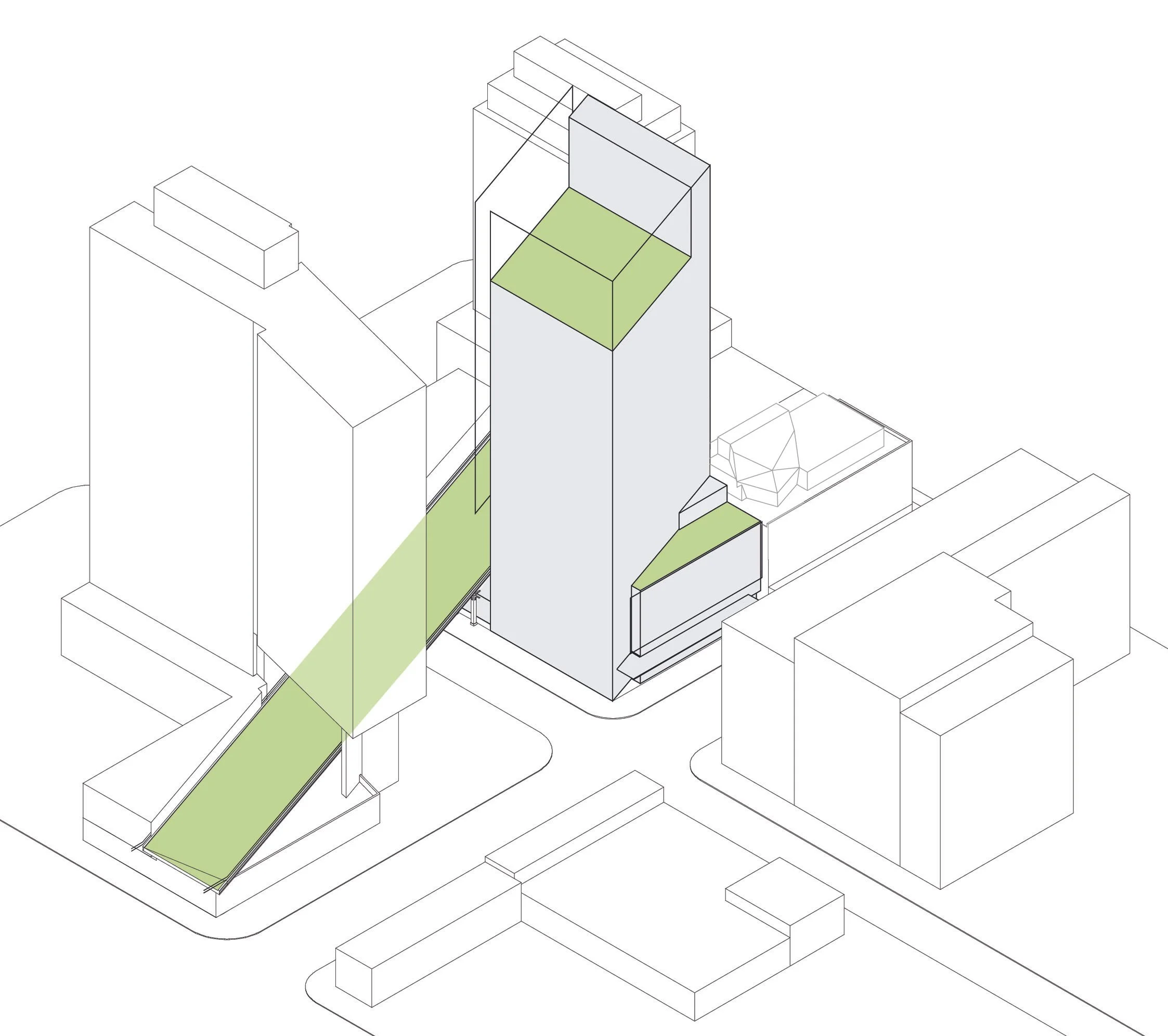 3rd aerial perspective showing neighborhood context and geometry of building 