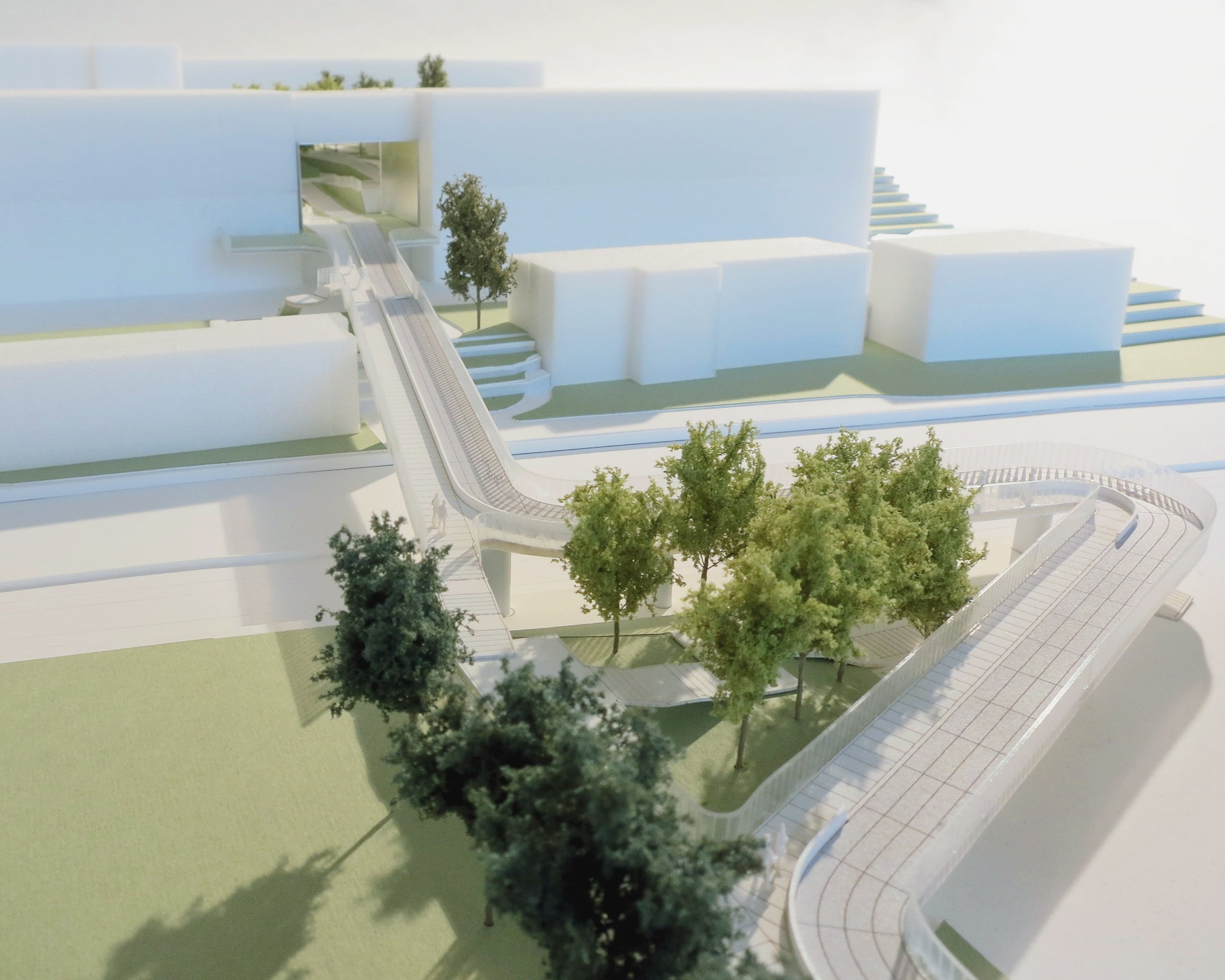 Aerial architectural model of Washington University Campus Connector showing pedestrian pathways and landscaping.