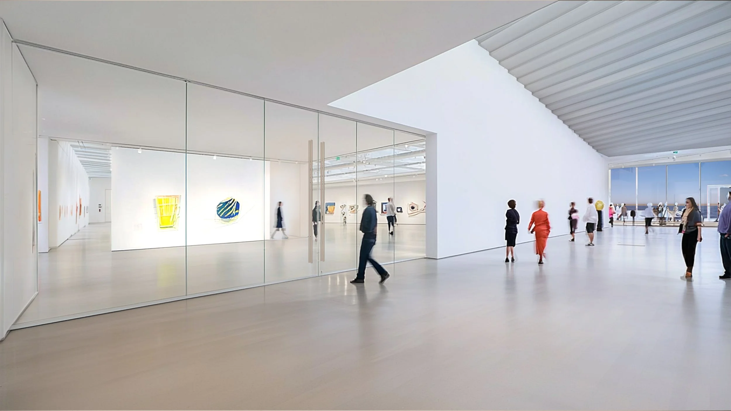 People walking through a modern art gallery with high ceilings, glass walls, and minimal white interiors.