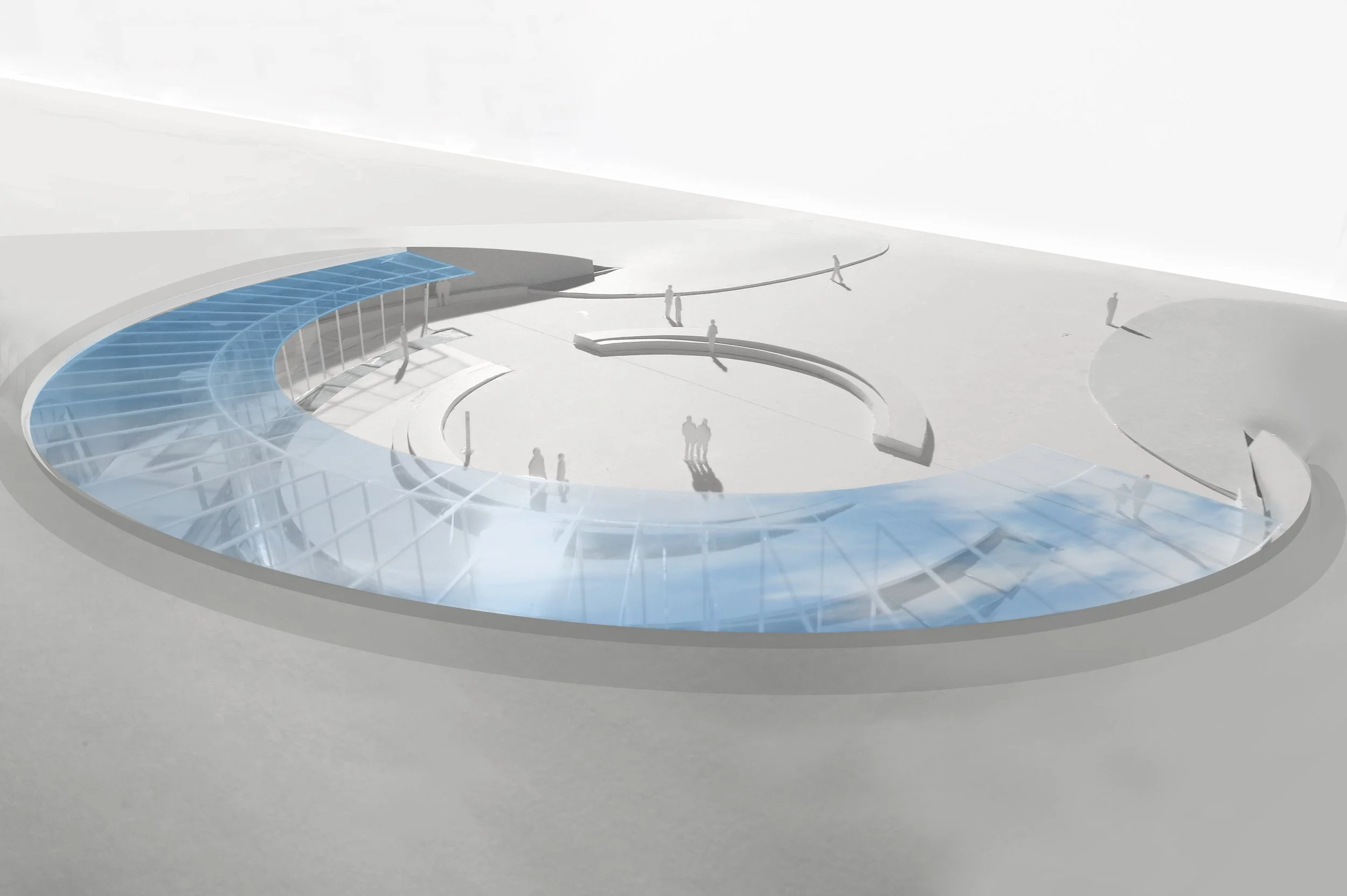 Physical model of museum entry with sky reflecting off of glass overhang
