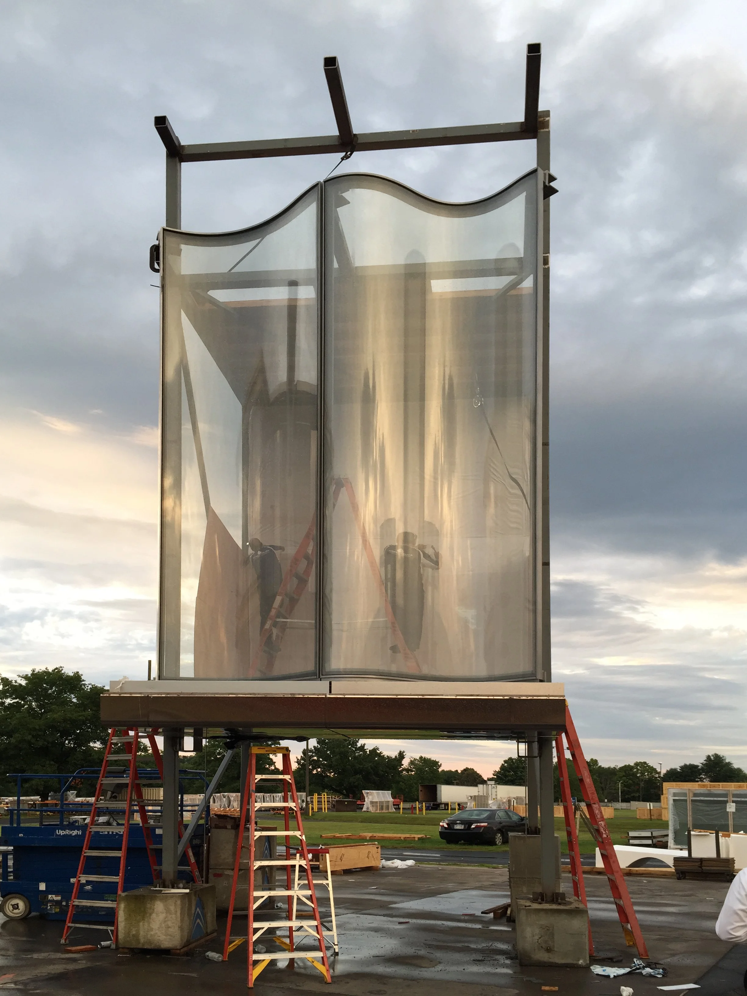 Full size proof of concept of curved glass facade at Permasteelisa fabricator facility